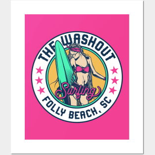 Retro Surfer Babe Badge The Washout Folly Beach South Carolina Posters and Art